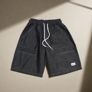 Black denim cargo shorts, Korean style.