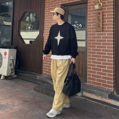 Baggy street style, beige Korean made pants.