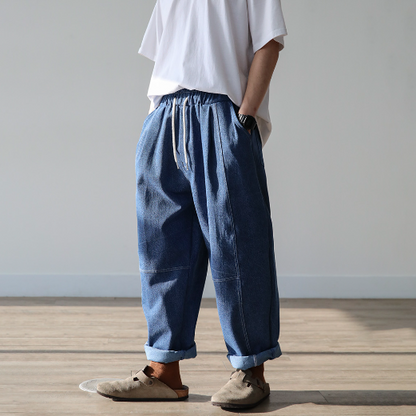 Blue oversized balloon fit denim, Korean street fashion.