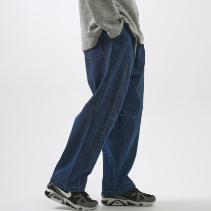 Side view of denim oversized pants