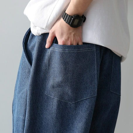 Korean street style, blue balloon fit denim, unisex.