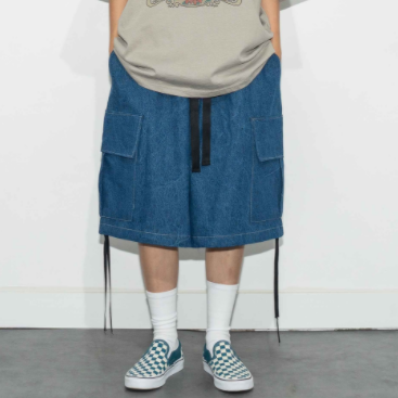 High-quality blue denim cargo shorts, oversized fit.