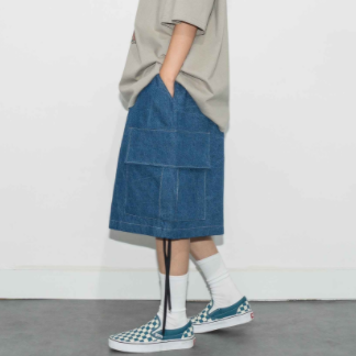 Korean made, blue oversized denim cargo shorts.