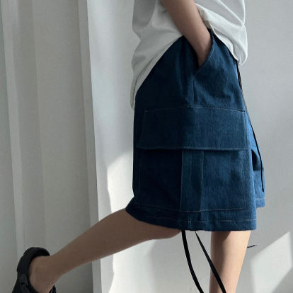 Unisex Blue oversized street style, Korean denim cargo shorts.