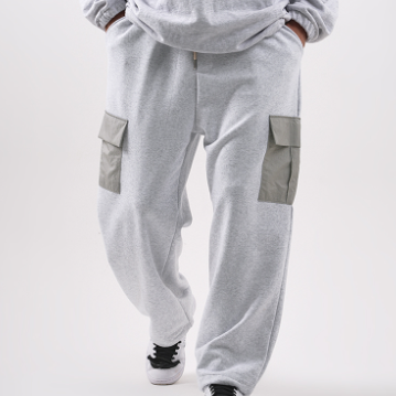 Light gray joggers, unisex, adjustable waistband, cargo.