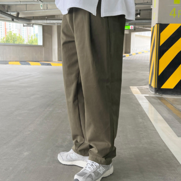 Khaki slacks, Korean street chic.