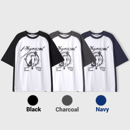 Black, gray and navy two-tone t shirt with cute cat graphics.