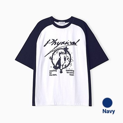 Street fashion navy t shirt with English writing and kitten graphic. 