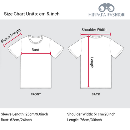 Size chart for one size fits all Hawaii style graphic shirts. 