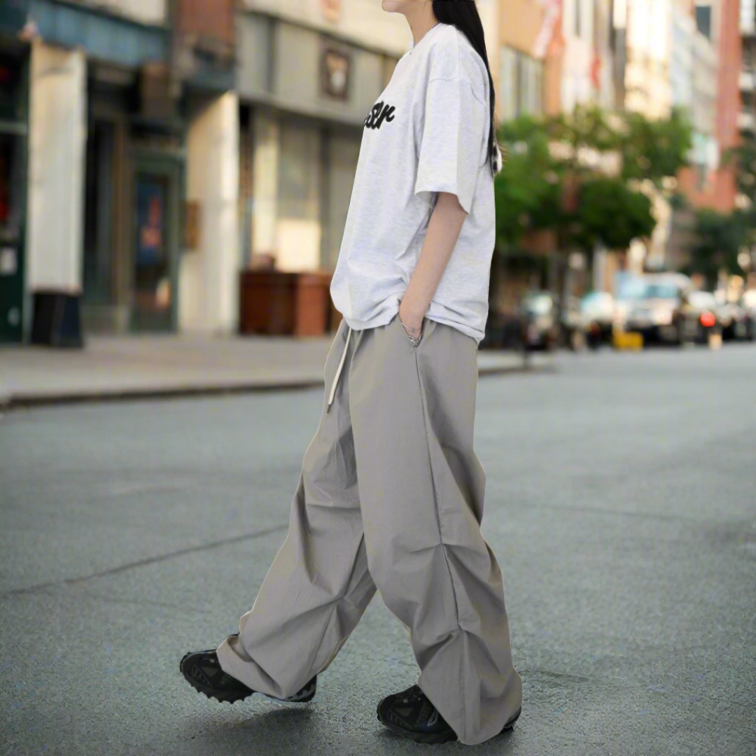 Lightweight Korean parachute pants for comfort.