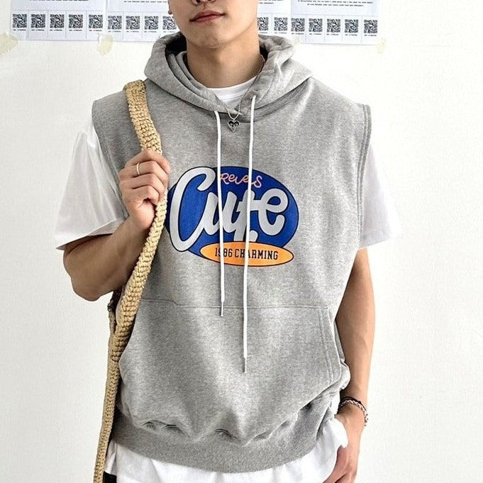 Grey Korean street fashion sleeveless hoodie with English writing printed. 