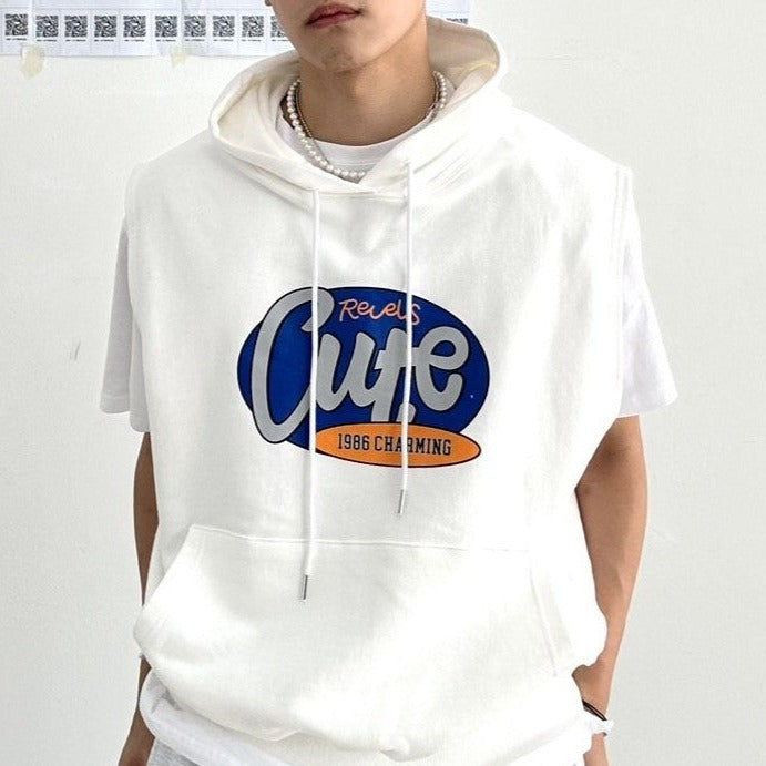 Close up of model wearing a white sleeveless hoodie from Korean street brand By Attention