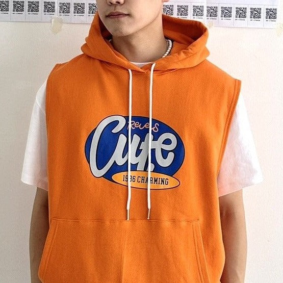 Front facing orange hoodie with cute printed in English