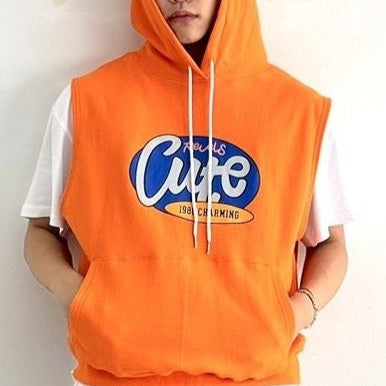 Close up of orange sleeveless hoodie in a Korean fashion ad. 