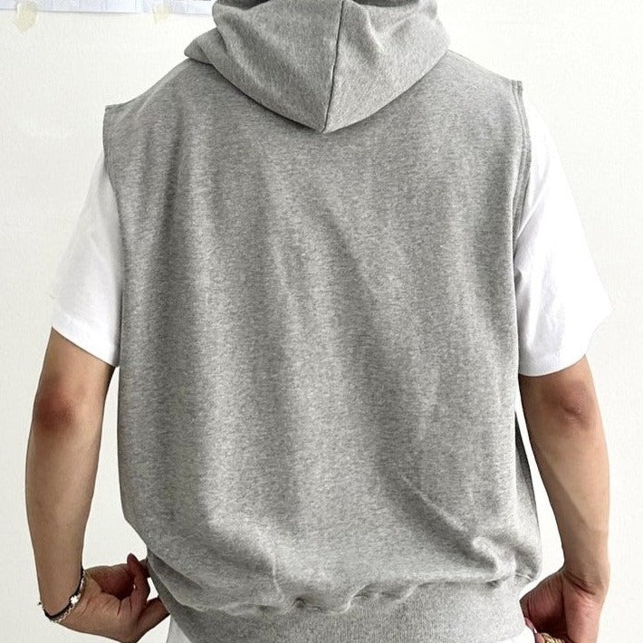 back view of a gray sleeveless hoodie made in Korea.