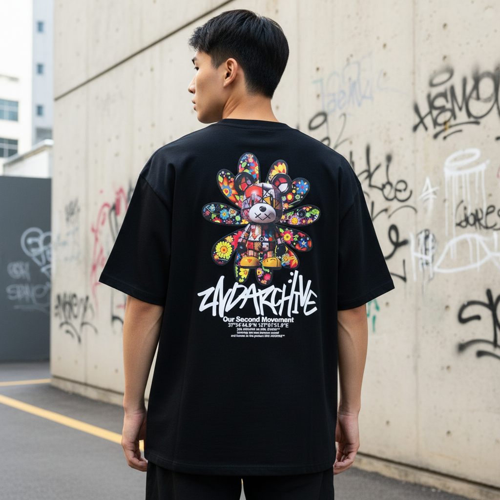 Black Flower Bear T-shirt - Back View