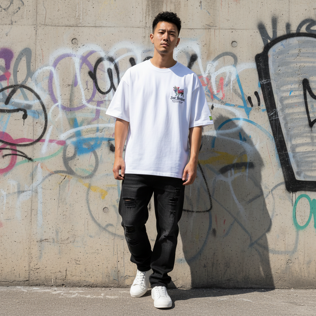 Graffiti french bulldog graphic t-shirt front view - Korean streetwear oversized tee for men | グラフィティフレンチブルドッグ グラフィックTシャツ フロントビュー 韓国ストリートウェア メンズ オーバーサイズ