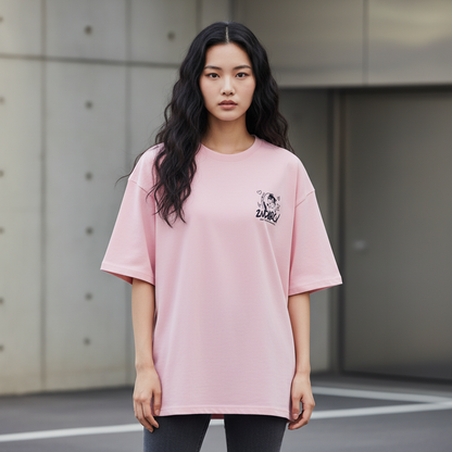 DJ crayon cat graphic t-shirt front view - Korean streetwear oversized tee for women | DJクレヨンキャット グラフィックTシャツ フロントビュー 韓国ストリートウェア レディース オーバーサイズ