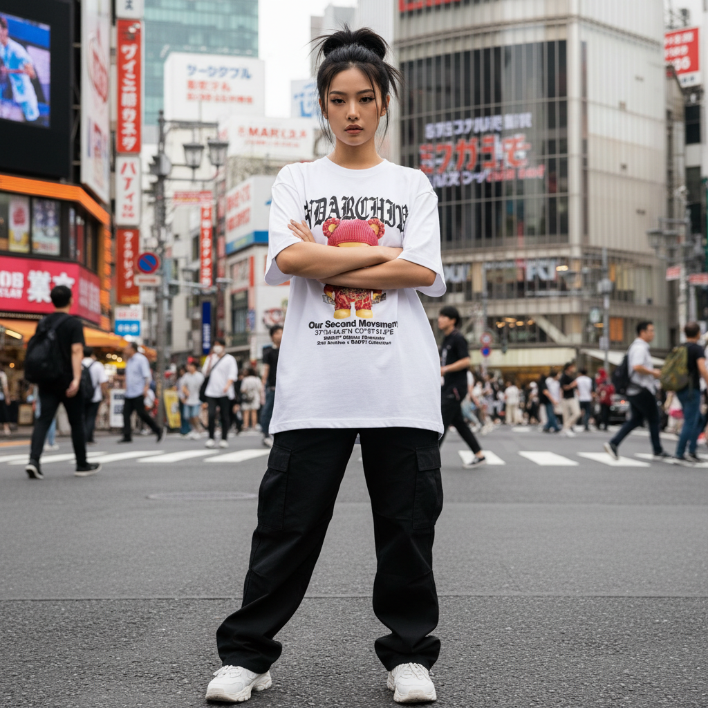 2ND ARCHIVE×RAVVI ギャングスターベア オーバーサイズTシャツ ライフスタイル 正面 / 2ND ARCHIVE×RAVVI Gangster Bear Oversized Tee - Front Lifestyle