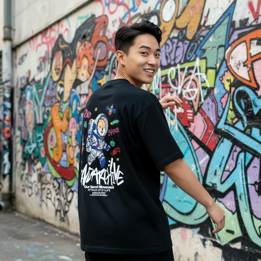 2ND ARCHIVE 宇宙飛行士柴犬 オーバーサイズTシャツ グラフィティスタイル ライフスタイル バック / 2ND ARCHIVE Astronaut Shiba Inu Oversized Tee - Graffiti Style Back Lifestyle