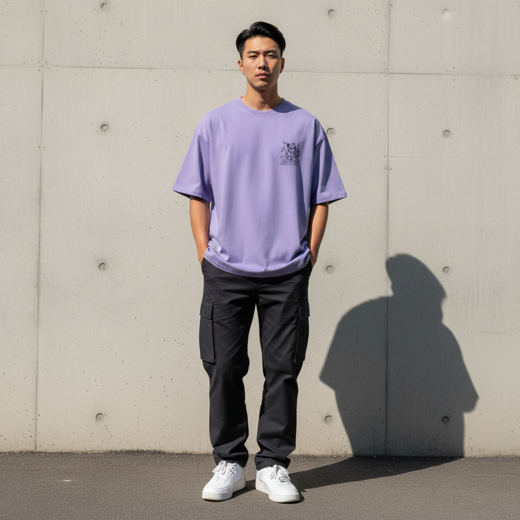 Rocket cat crayon graphic t-shirt front view - Korean streetwear oversized tee for men | ロケットキャットクレヨン グラフィックTシャツ フロントビュー 韓国ストリートウェア メンズ オーバーサイズ