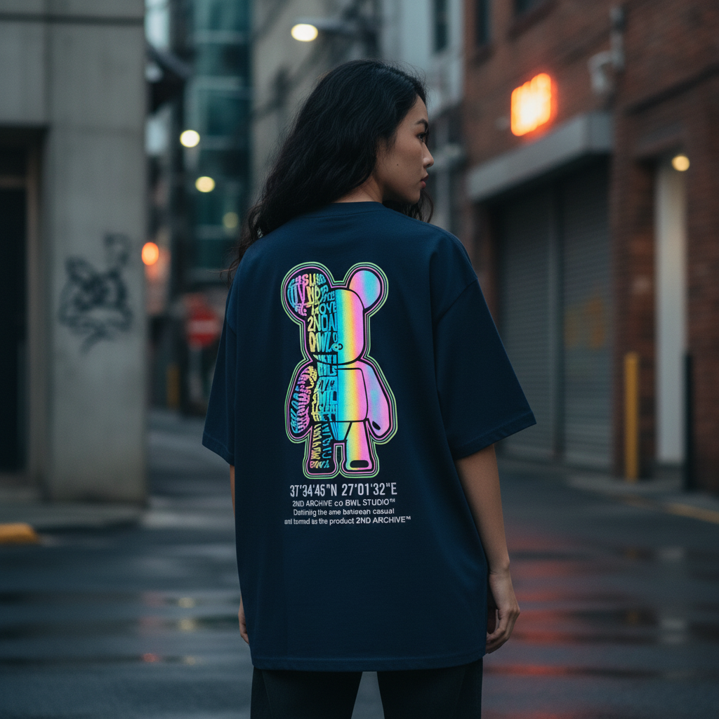 Reflective teddy bear t-shirt back graphic print - Korean street fashion oversized design | 反射テディベアTシャツ バックグラフィックプリント 韓国ストリートファッション オーバーサイズデザイン