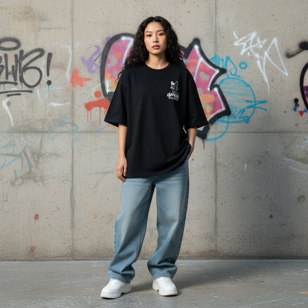 Half dog prism graphic t-shirt front view - Korean streetwear oversized tee for women | ハーフドッグプリズム グラフィックTシャツ フロントビュー 韓国ストリートウェア レディース オーバーサイズ