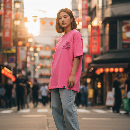 2ND ARCHIVE 柴犬スケッチ オーバーサイズTシャツ ライフスタイル サイド / 2ND ARCHIVE Shiba Inu Sketch Oversized Tee - 3/4 Lifestyle