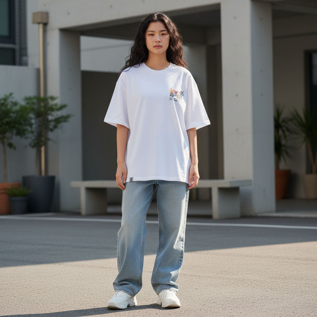 Flower garden print graphic t-shirt front view - Korean streetwear oversized tee for women | フラワーガーデンプリント グラフィックTシャツ フロントビュー 韓国ストリートウェア レディース オーバーサイズ