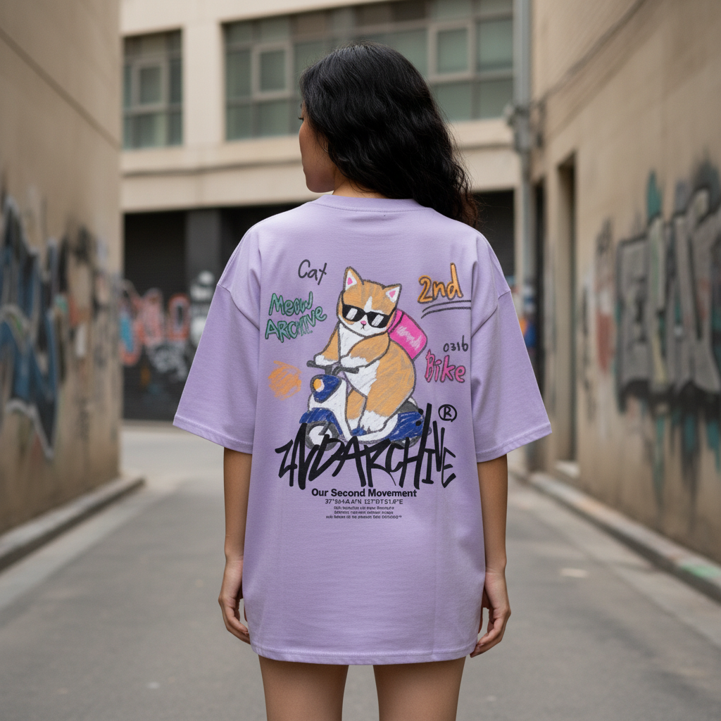 Crayon bike cat t-shirt back graphic print - Korean street fashion oversized design | クレヨンバイクキャットTシャツ バックグラフィックプリント 韓国ストリートファッション オーバーサイズデザイン