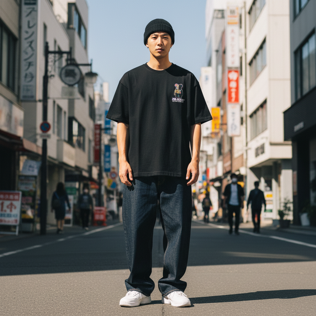 2ND ARCHIVE リフレクティブグラフィティベアTシャツ デイタイム ライフスタイル 正面 / 2ND ARCHIVE Reflective Graffiti Bear Oversized Tee - Daytime Front Lifestyle