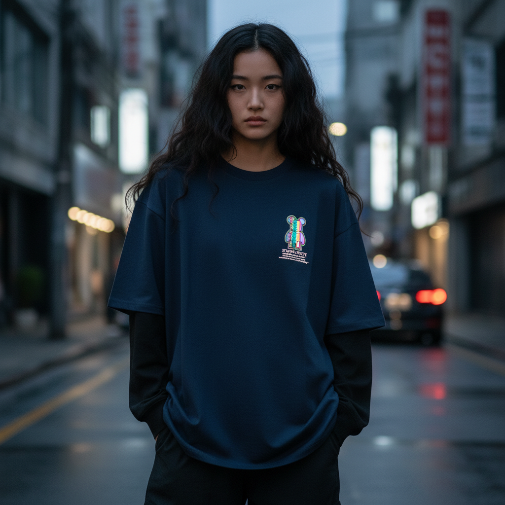 Reflective teddy bear print graphic t-shirt front view - Korean streetwear oversized tee for women | 反射テディベアプリント グラフィックTシャツ フロントビュー 韓国ストリートウェア レディース オーバーサイズ