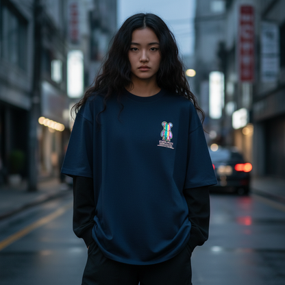 Reflective teddy bear print graphic t-shirt front view - Korean streetwear oversized tee for women | 反射テディベアプリント グラフィックTシャツ フロントビュー 韓国ストリートウェア レディース オーバーサイズ