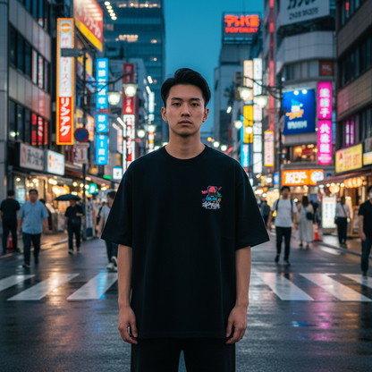 Label beanie bear graphic t-shirt front view - Korean streetwear oversized tee for men | ラベルビーニーベア グラフィックTシャツ フロントビュー 韓国ストリートウェア メンズ オーバーサイズ