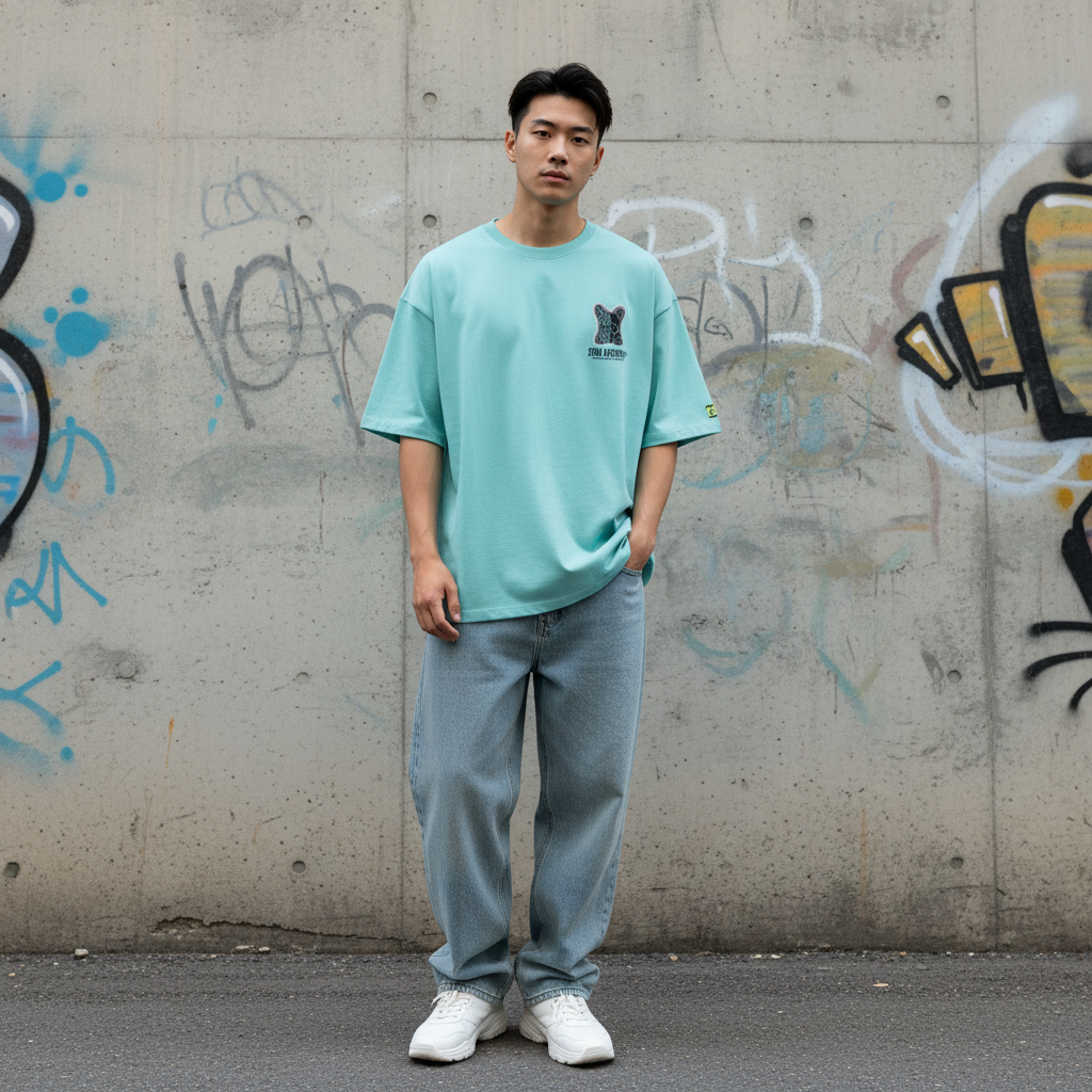 Bulldog reflective graphic t-shirt front view - Korean streetwear oversized tee for men | ブルドッグ反射 グラフィックTシャツ フロントビュー 韓国ストリートウェア メンズ オーバーサイズ