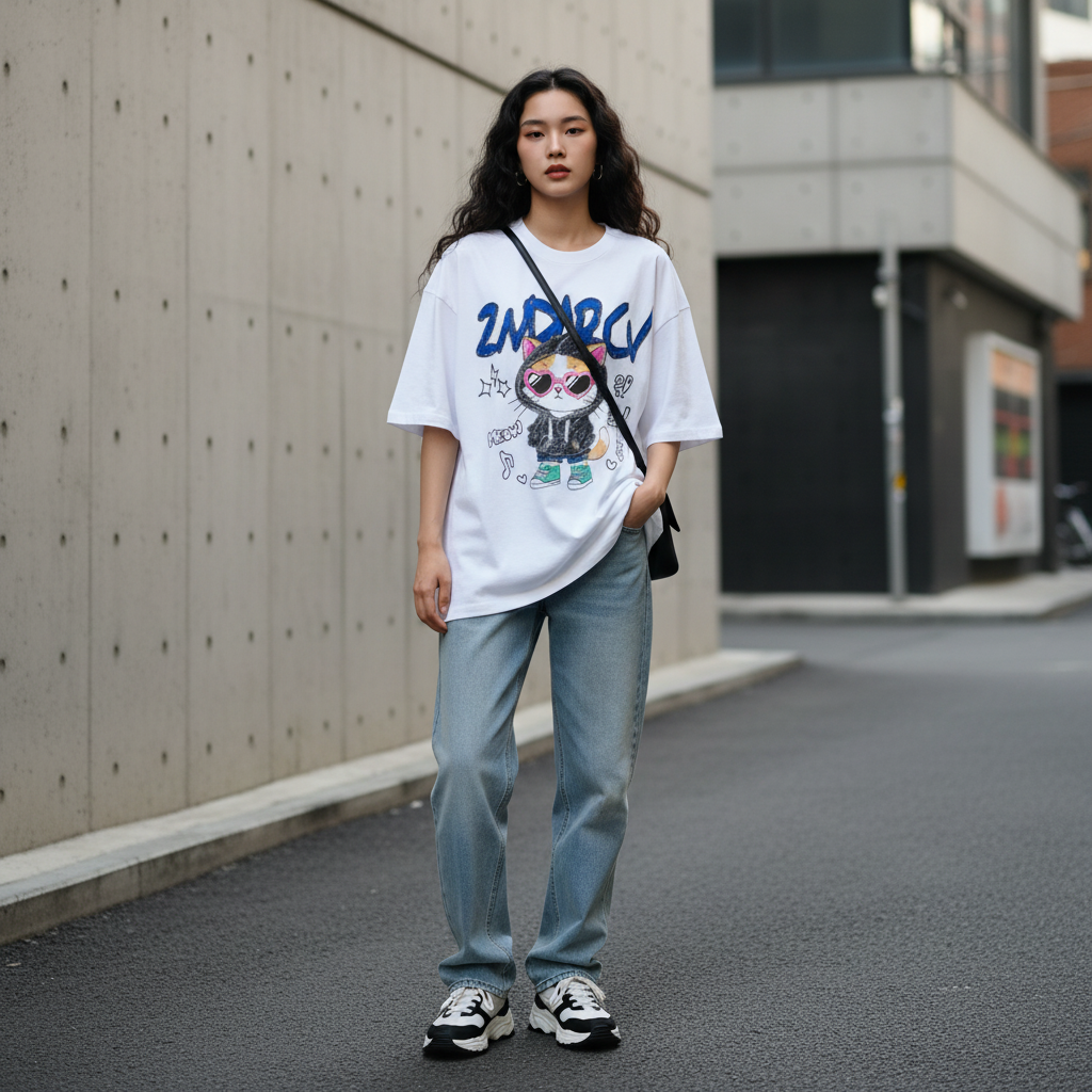 Chill cat graphic t-shirt front view with large front print - Korean streetwear oversized tee for women | チルキャット グラフィックTシャツ フロントビュー 韓国ストリートウェア レディース オーバーサイズ
