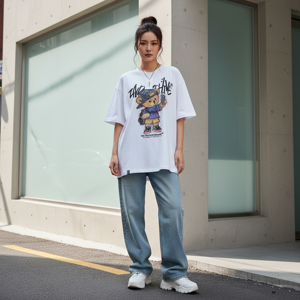 Selfie sketch teddy bear graphic t-shirt front view with large front print - Korean streetwear oversized tee for women | 自撮りスケッチテディベア グラフィックTシャツ フロントビュー 韓国ストリートウェア レディース オーバーサイズ