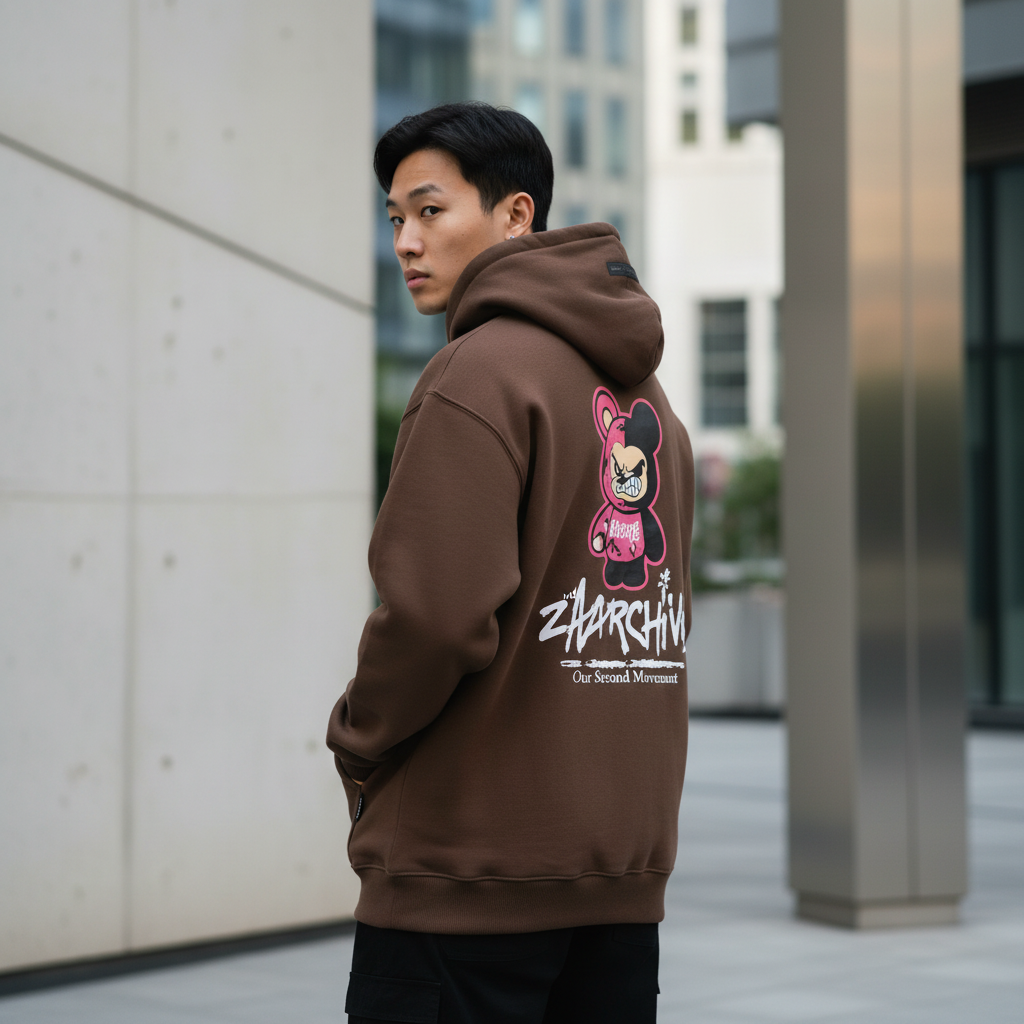 Back lifestyle view of same model wearing brown hoodie with large reflective angry bear graphic | 同じモデルがブラウンパーカーを着用、大きなリフレクティブアングリーベアグラフィックの背面ライフスタイル写真