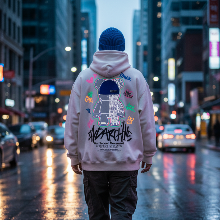 Back lifestyle view of reflective bear graphic hoodie with colorful graffiti text, night-reflective design | リフレクティブベアグラフィックとカラフルなグラフィティテキストのパーカー背面ライフスタイル写真、夜間反射デザイン