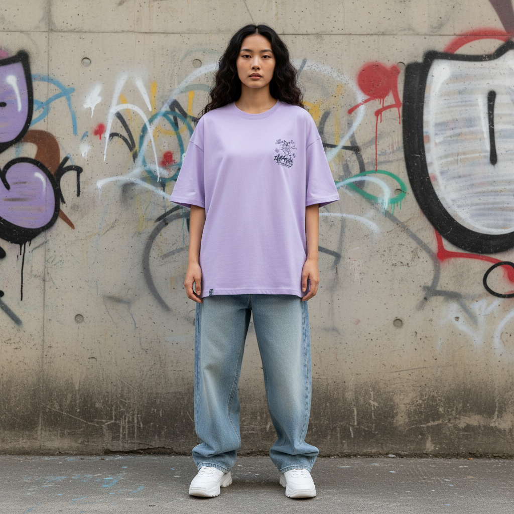 Cute crayon cat graphic t-shirt front view - Korean streetwear oversized tee for women | かわいいクレヨン猫 グラフィックTシャツ フロントビュー 韓国ストリートウェア レディース オーバーサイズ