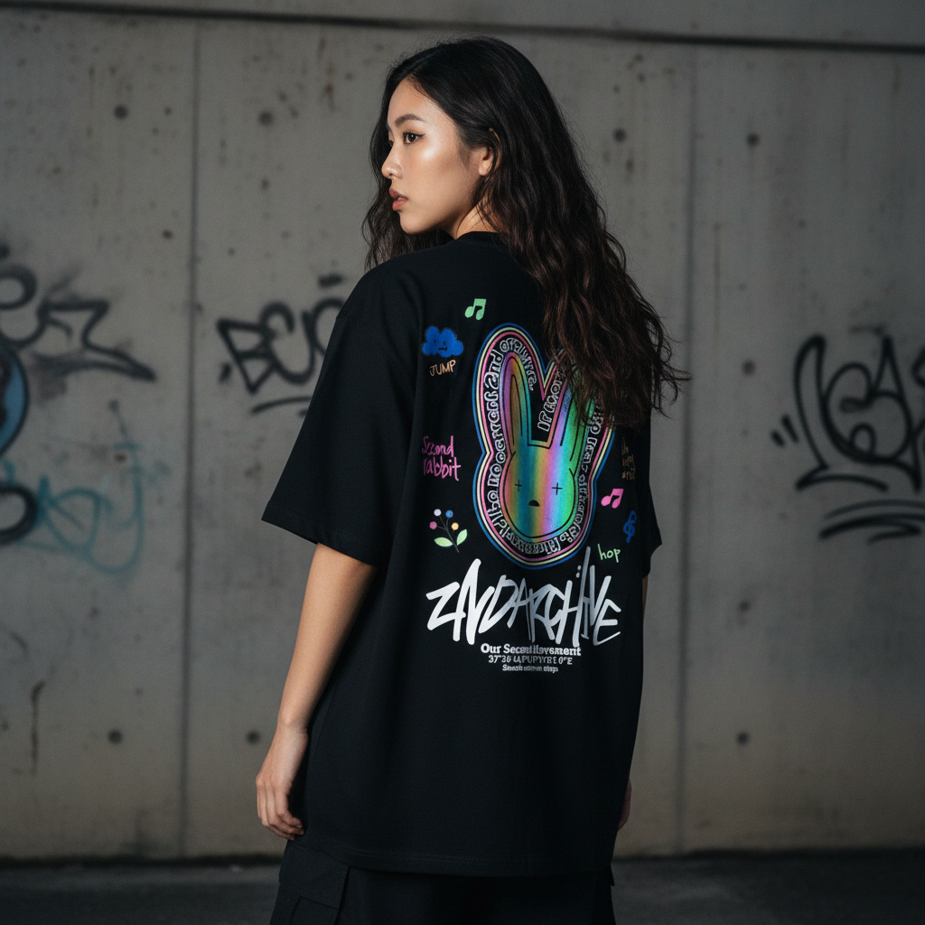 Balloon rabbit holographic t-shirt back graphic - Korean street fashion oversized design | バルーンラビットホログラフィックTシャツ バックグラフィック 韓国ストリートファッション オーバーサイズデザイン