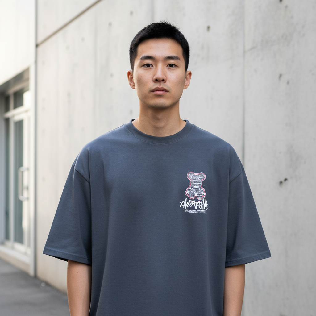 Lettering 3M reflective bear graphic t-shirt front view - Korean streetwear oversized tee for men | レタリング3Mベア グラフィックTシャツ フロントビュー 韓国ストリートウェア メンズ オーバーサイズ