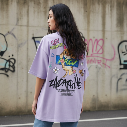 Cute crayon cat t-shirt back graphic print - Korean street fashion oversized design | かわいいクレヨン猫Tシャツ バックグラフィックプリント 韓国ストリートファッション オーバーサイズデザイン