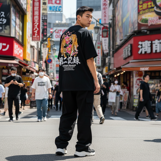 2ND ARCHIVE 牛丹と虎Tシャツ SAB253 バック 虎牛丹アジアンアートグラフィック 東京ストリート / 2ND ARCHIVE Tiger Peony Tee SAB253 Back Asian Art Graphic Tokyo Street