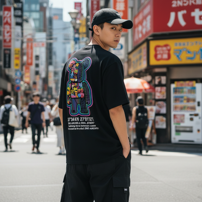 2ND ARCHIVE リフレクティブグラフィティベアTシャツ デイタイム ライフスタイル バック / 2ND ARCHIVE Reflective Graffiti Bear Oversized Tee - Daytime Back Lifestyle
