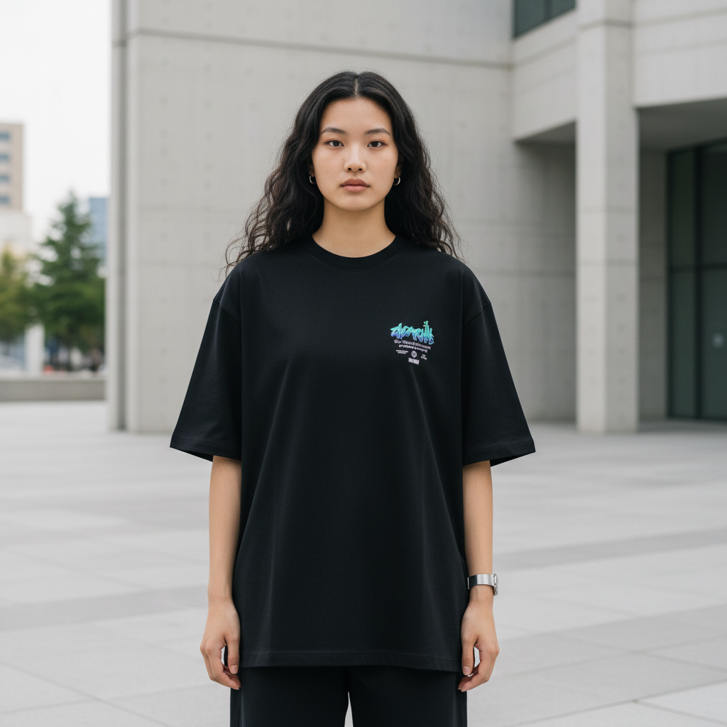 Neon sign logo graphic t-shirt front view - Korean streetwear oversized tee for women | ネオンサインロゴ グラフィックTシャツ フロントビュー 韓国ストリートウェア レディース オーバーサイズ