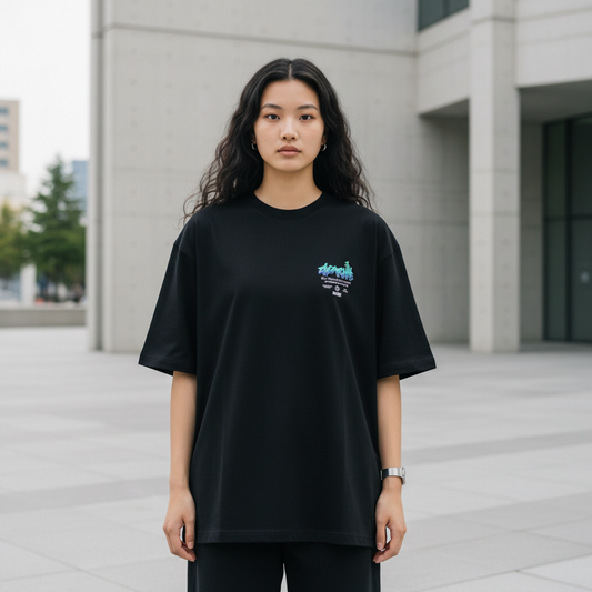 Neon sign logo graphic t-shirt front view - Korean streetwear oversized tee for women | ネオンサインロゴ グラフィックTシャツ フロントビュー 韓国ストリートウェア レディース オーバーサイズ