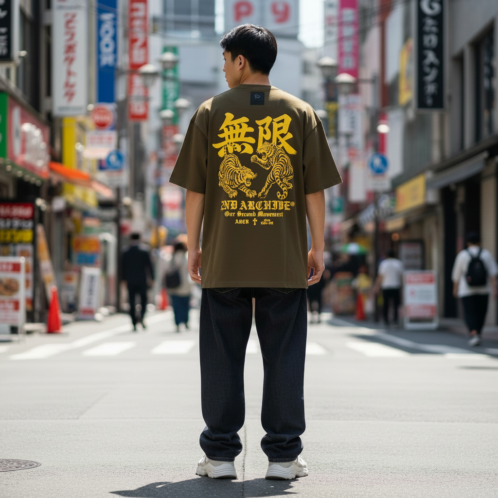 2ND ARCHIVE 虎の戦いTシャツ SAB255 バック 無限漢字イエロー虎グラフィック 東京ストリート / 2ND ARCHIVE Tiger Fight Tee SAB255 Back Mugen Kanji Yellow Tiger Graphic Tokyo Street