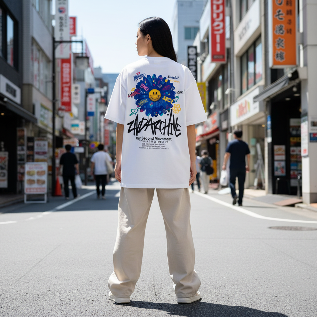 2ND ARCHIVE デイジースマイルTシャツ ライフスタイル バック / 2ND ARCHIVE Daisy Smile Oversized Tee - Back Lifestyle