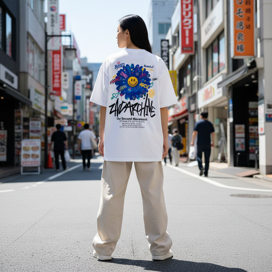 2ND ARCHIVE デイジースマイルTシャツ ライフスタイル バック / 2ND ARCHIVE Daisy Smile Oversized Tee - Back Lifestyle